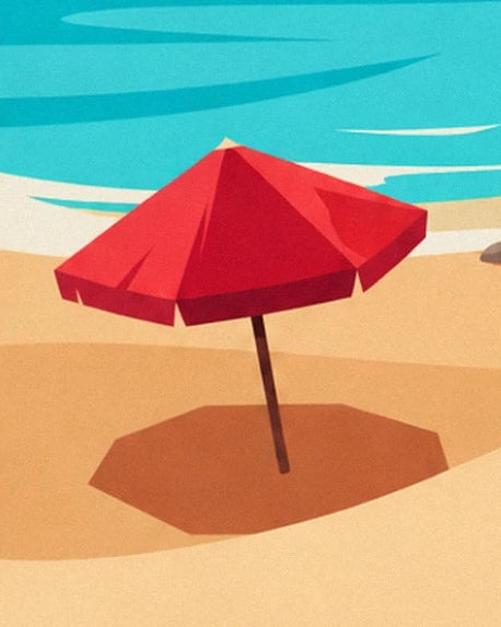 A red parasol and its shadow on the sand beside the turquoise water