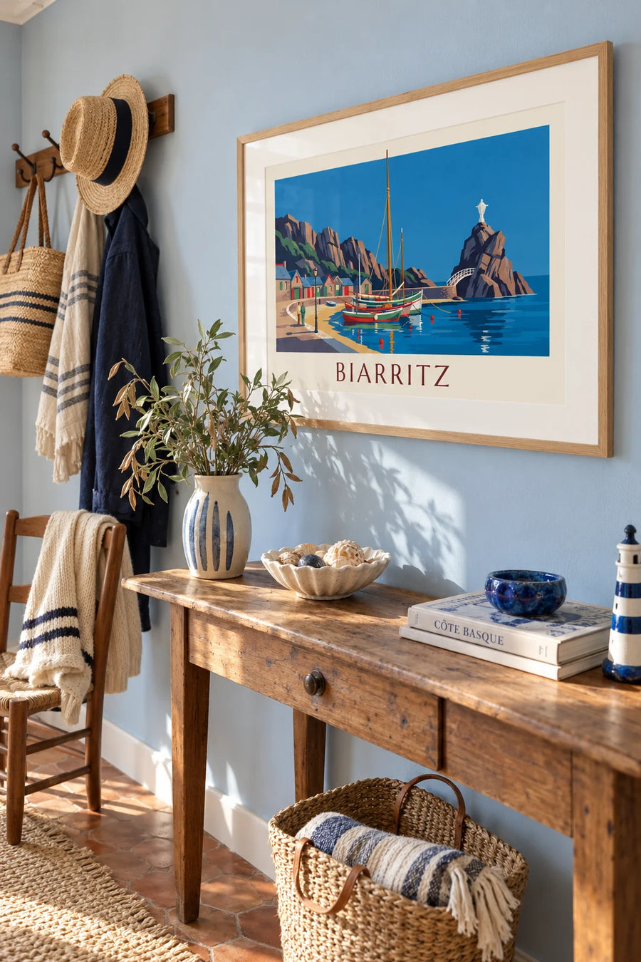 Poster Port des Pêcheurs van Biarritz en Rocher de la Vierge: ingelijst aan de muur