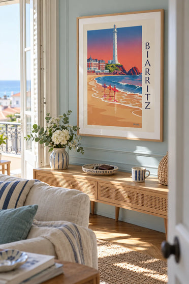 Poster surfers en longboards voor het Hôtel du Palais in Biarritz: ingelijst aan de muur