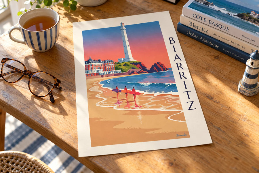 Poster surfers en longboards voor het Hôtel du Palais in Biarritz: op een tafel