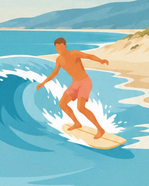 Le surfeur en short corail sur sa planche jaune, au creux de la vague turquoise