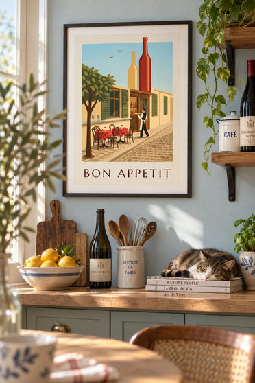 Affiche bistrot français Bon appétit, serveur et comptoir en zinc : encadrée au mur