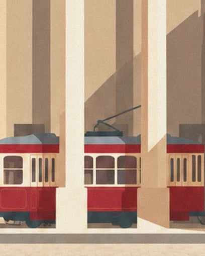 The red and cream tram between the sunlit columns of the Grand Théâtre