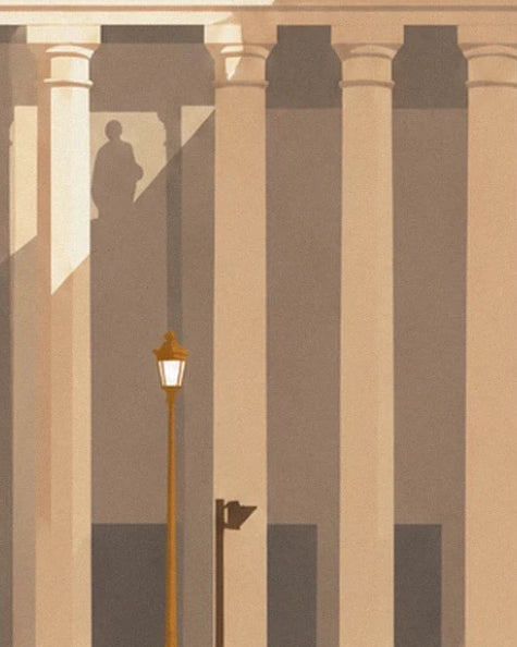 The golden street lamp in front of the tall columns and a statue in the shade