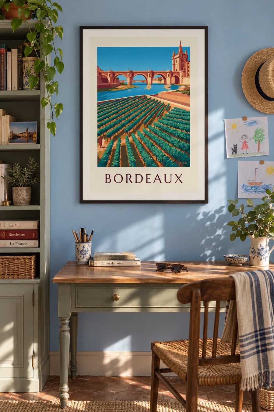 Affiche pont de pierre et porte Cailhau à Bordeaux vus des vignes : encadrée au mur
