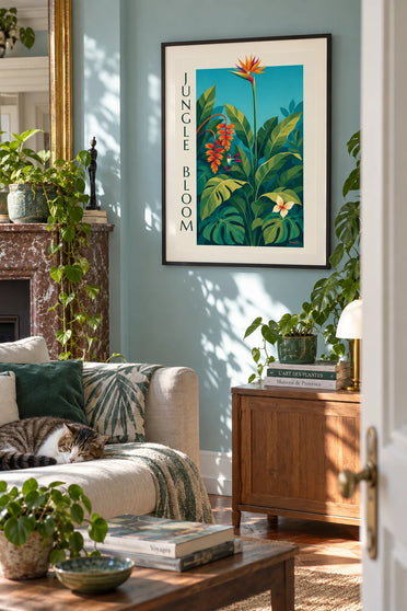Poster tropische jungle, exotische bloemen en kolibrie: ingelijst aan de muur