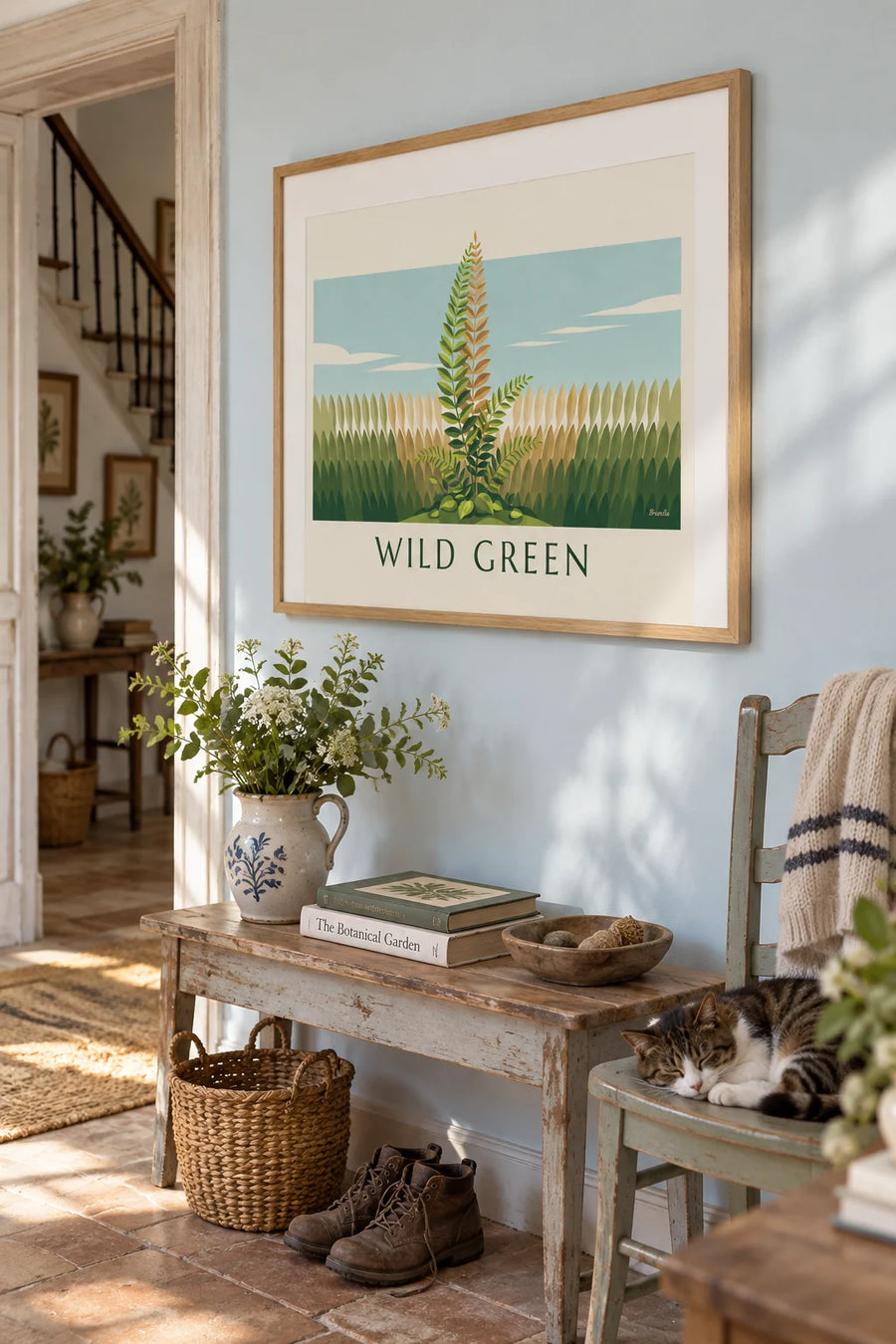 Green fern botanical poster, naturalist study plate: framed on the wall
