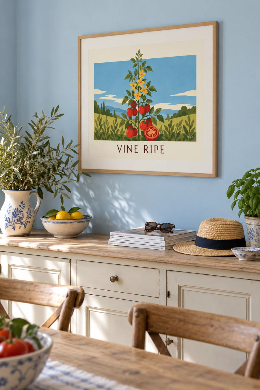 Botanical plate poster of a ripe tomato plant: framed on the wall