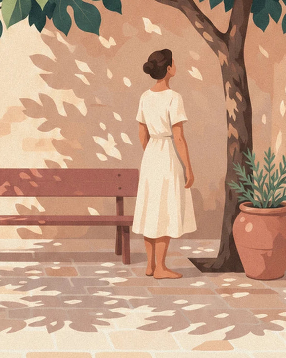 The barefoot woman in a white dress beneath the tree, beside the bench and pot of rosemary