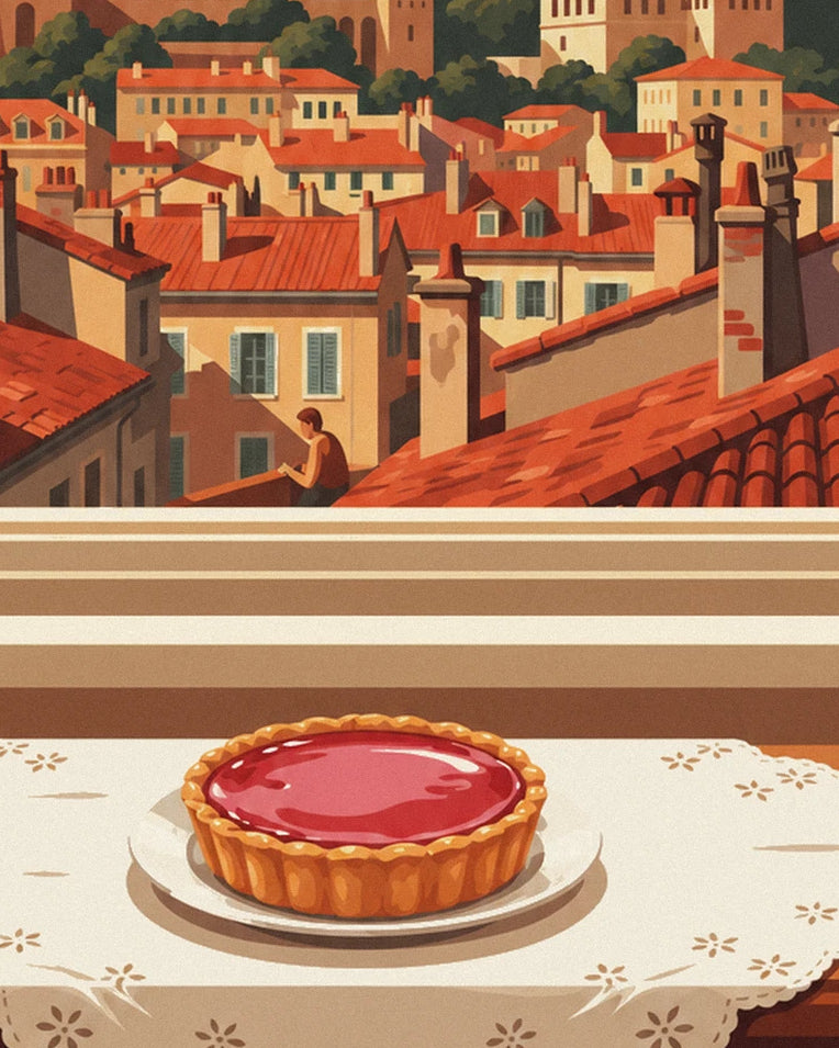 Affiche tarte aux pralines roses à la fenêtre d'un salon lyonnais : détail en gros plan
