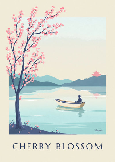 Cherry blossom branch over a Japanese lake poster: the full poster