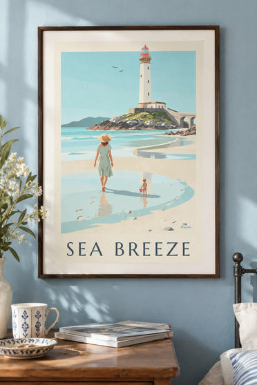 Poster moeder en kind op het strand van Petit Minou aan de voet van de vuurtoren: ingelijst aan de muur