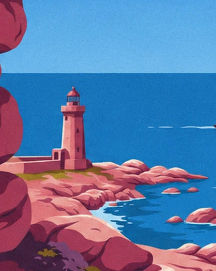 Le phare rose sur sa pointe de rochers, face à la mer bleue