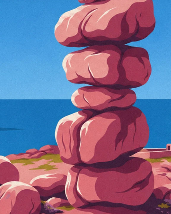 Empilement de 5 gros blocs de granit rose face à la mer, sous un ciel bleu