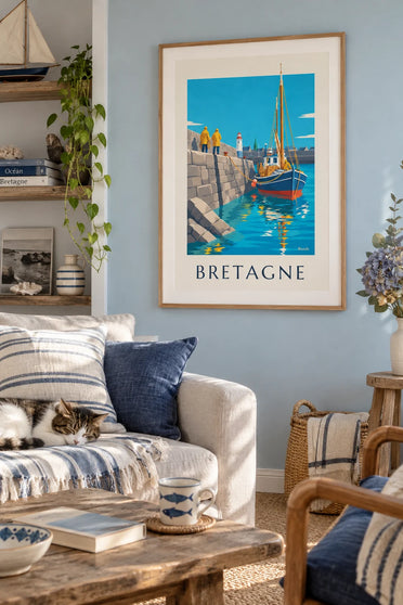 Poster Bretonse vissersboot die terugkeert naar de granieten haven: ingelijst aan de muur