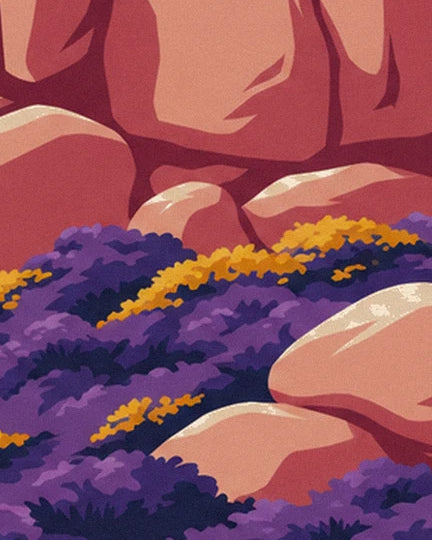 Purple heather and yellow gorse between the large pink granite boulders