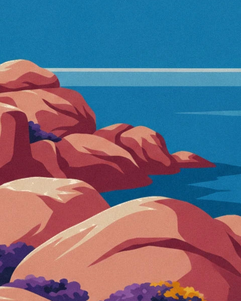 The pink granite rocks plunging into a blue sea, with the horizon beyond