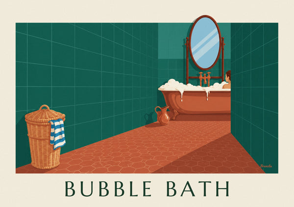 Affiche salle de bain verte, baignoire en cuivre et panier en osier