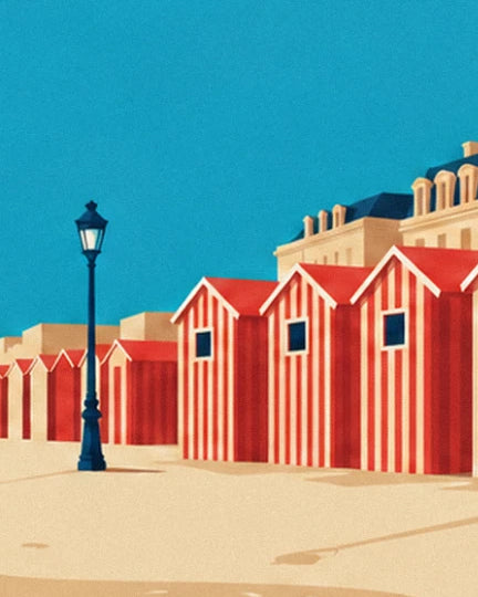 The midnight blue street lamp in the row of red striped beach huts on the pale sand