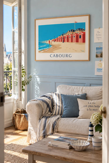Poster strandhuisjes en Grand Hôtel van Cabourg: ingelijst aan de muur