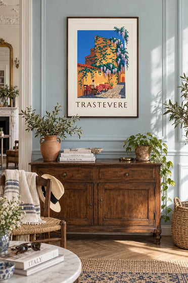 Poster van het terras van een trattoria in Trastevere in Rome: ingelijst aan de muur