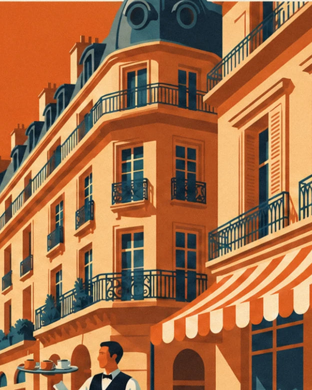 The Parisian building with wrought iron balconies and a blue slate roof, the waiter at the foot of the façade
