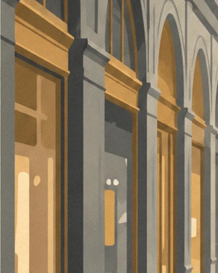 Lit shop windows with ochre woodwork, between the grey pilasters of the arcades