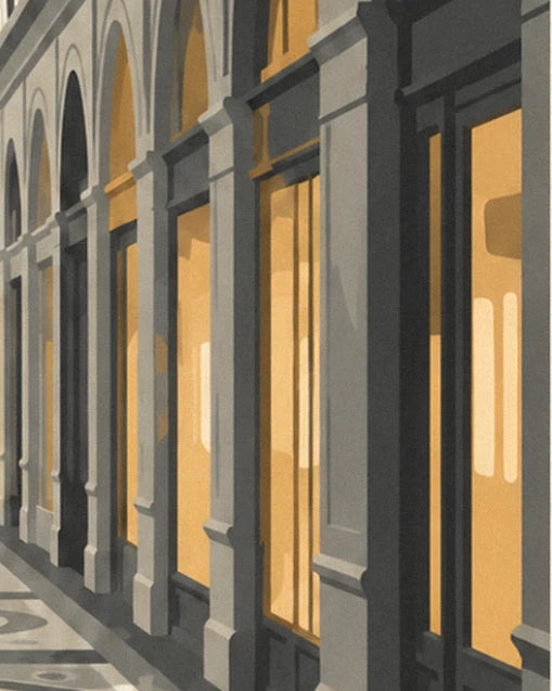 Grey stone arcades and amber-lit shop windows along the paved passage