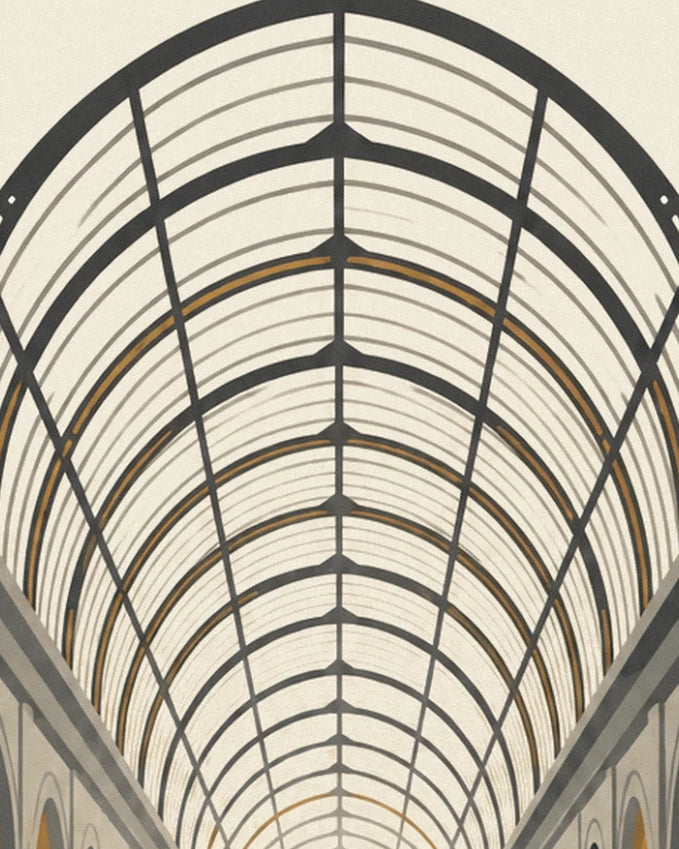 The vaulted glass roof and its dark arches filtering cream-coloured light