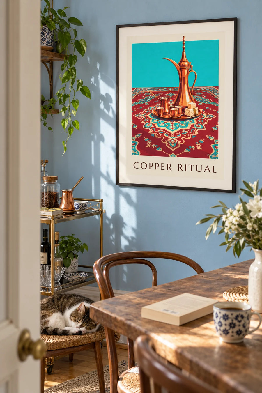 Turkish coffee set in hammered copper with Turkish delight poster: framed on the wall