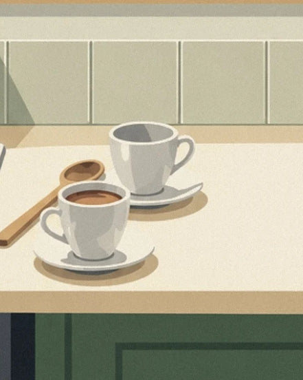 2 white cups on the worktop, one filled with coffee, and a wooden spoon