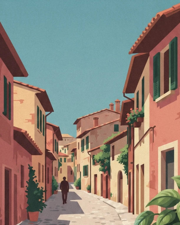 A passer-by in the sunny alley between brick-pink façades and green shutters