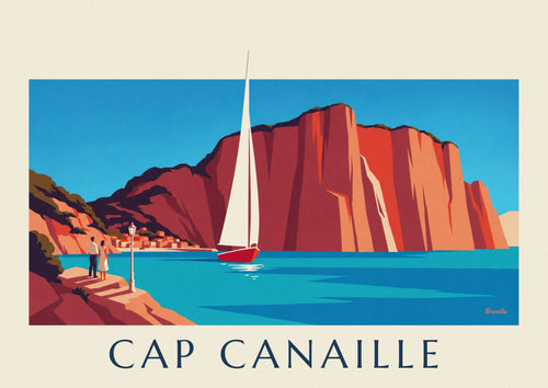 Poster zeilboot aan de voet van de rode kliffen van Cap Canaille: de volledige poster