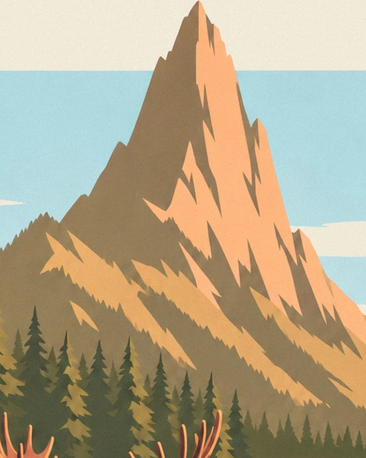 The rocky peak with ochre and golden faces above the fir trees of Canada