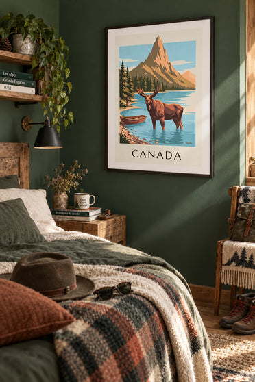 Poster eland in een meer aan de voet van de Canadese bergen: ingelijst aan de muur