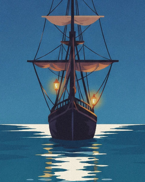 The galleon seen from the front, its 2 lit lanterns and their golden reflections on the blue sea
