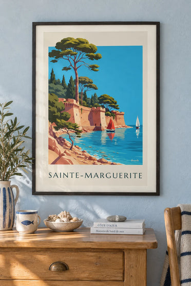 Poster of Sainte-Marguerite Island and the royal fort off Cannes: framed on the wall