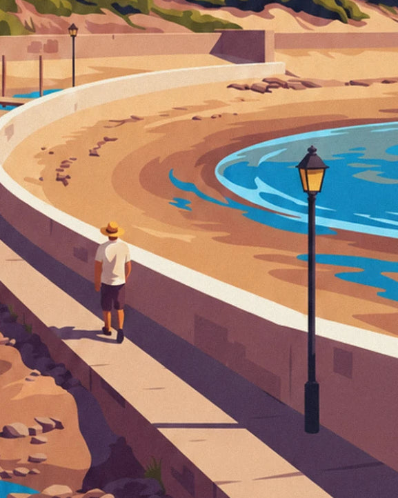 Le promeneur au chapeau de paille sur le muret, le long de la plage et d'un lampadaire