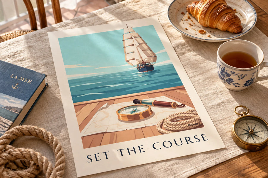 Poster koperen scheepskompas op een zeekaart: op een tafel geplaatst