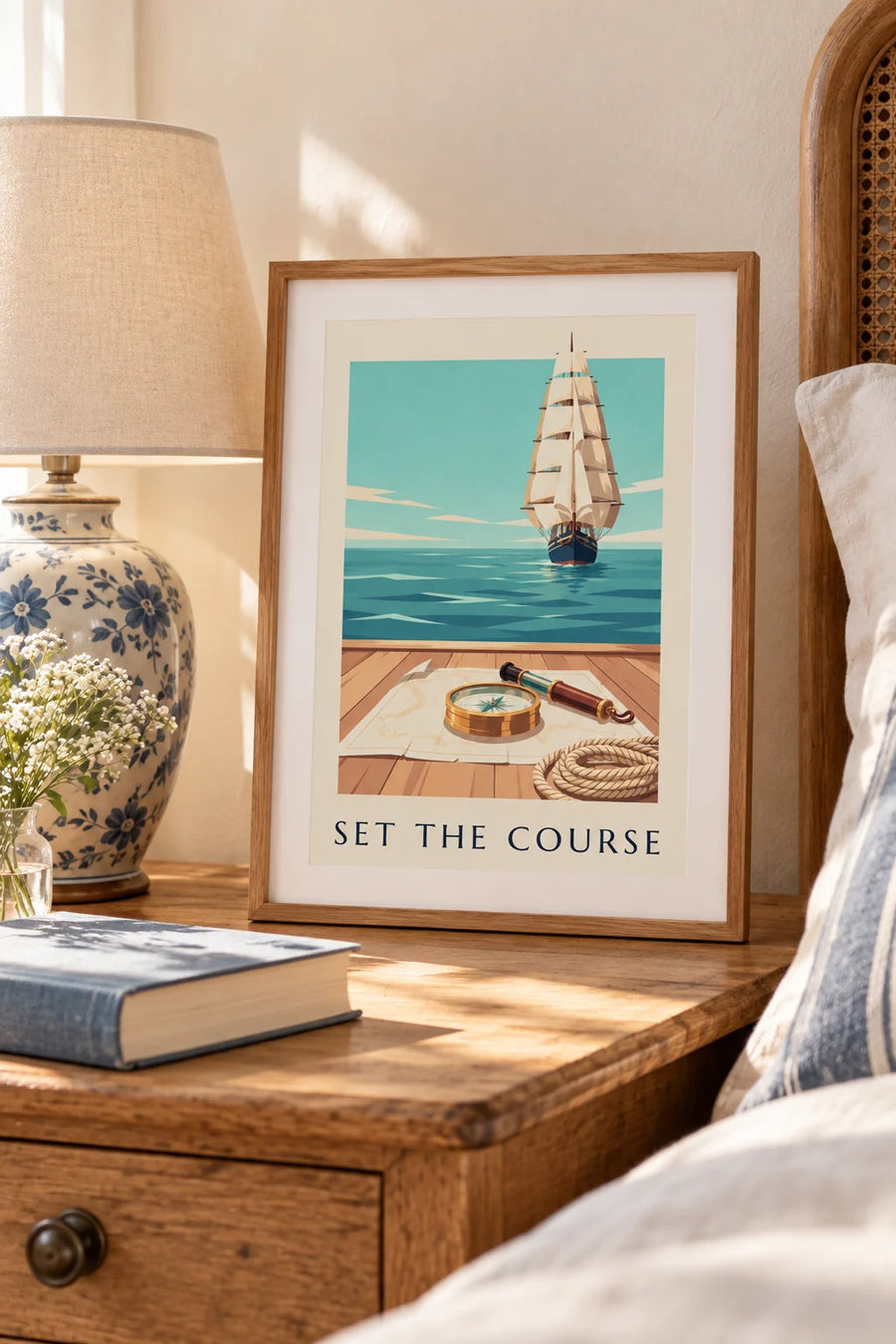 Poster messing scheepskompas op een zeekaart: klein formaat A4 ingelijst