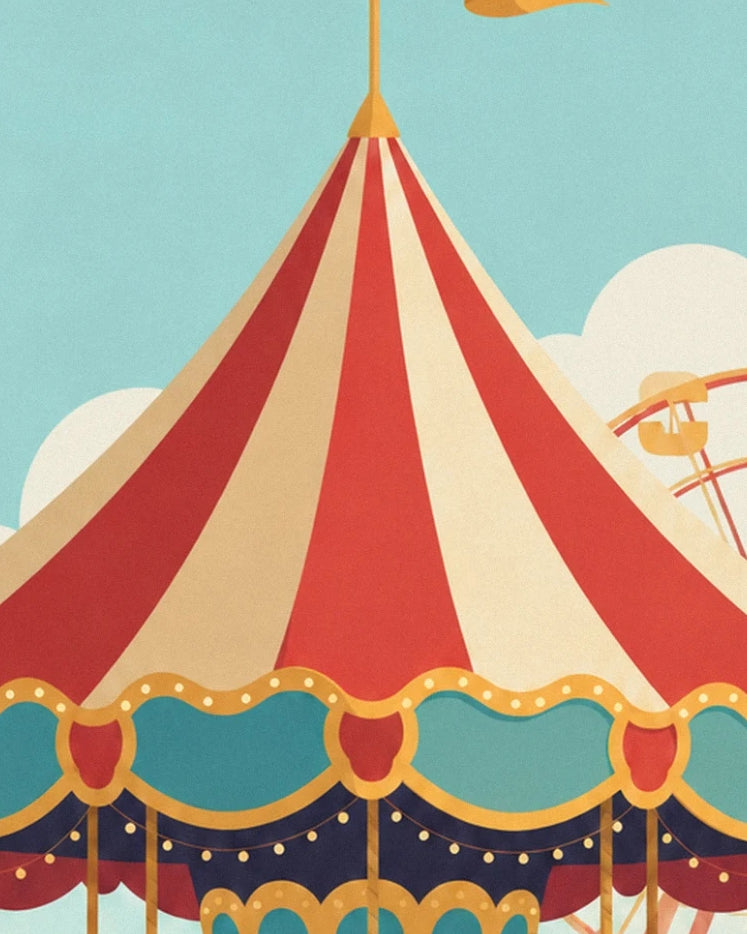 The pointed carousel roof with red and cream stripes and turquoise trim