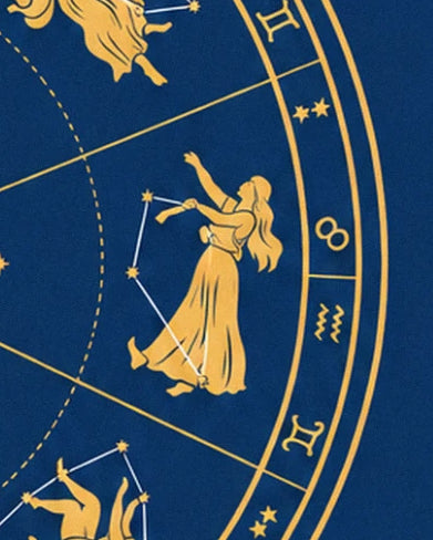 Golden Virgo with raised arms, her constellation marked out in stars, and the zodiac signs