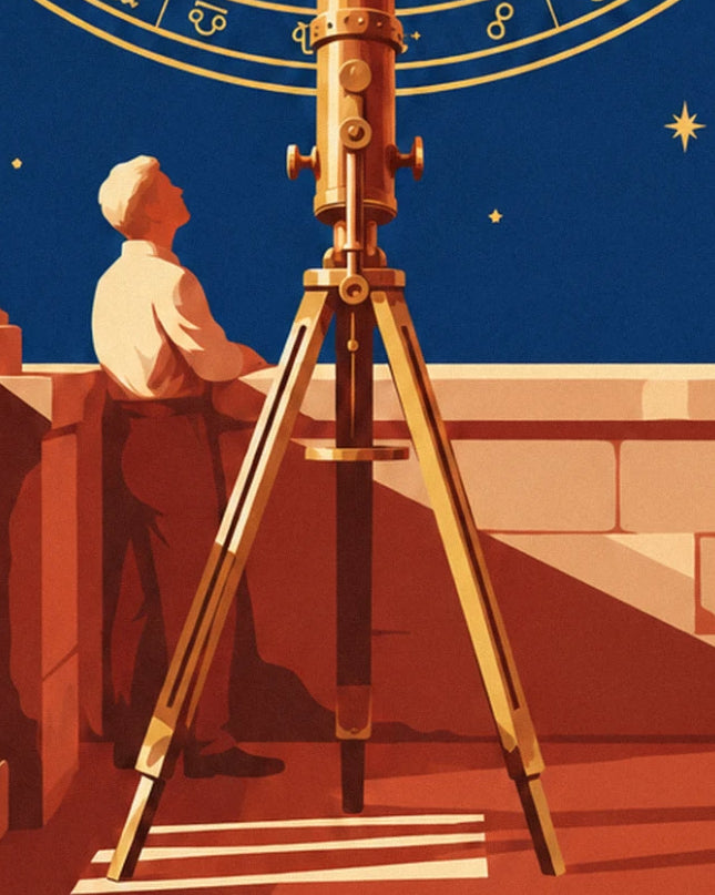 The astronomer in a light shirt, leaning on the low wall beside the brass telescope on its tripod