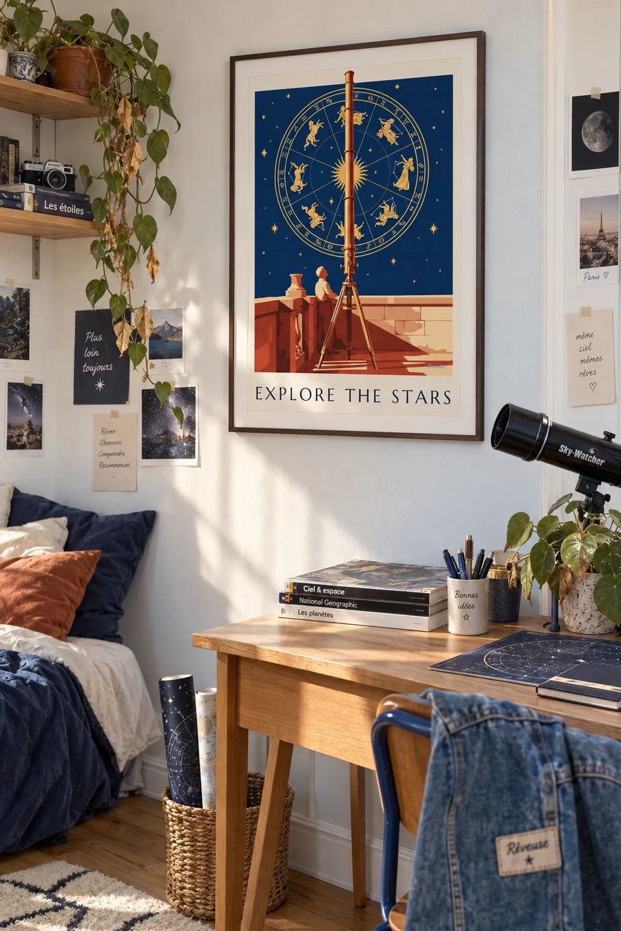 Celestial map poster with constellations and a brass telescope: framed on the wall
