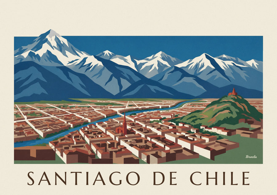 Poster geïllustreerde kaart van Santiago de Chile en de Andes