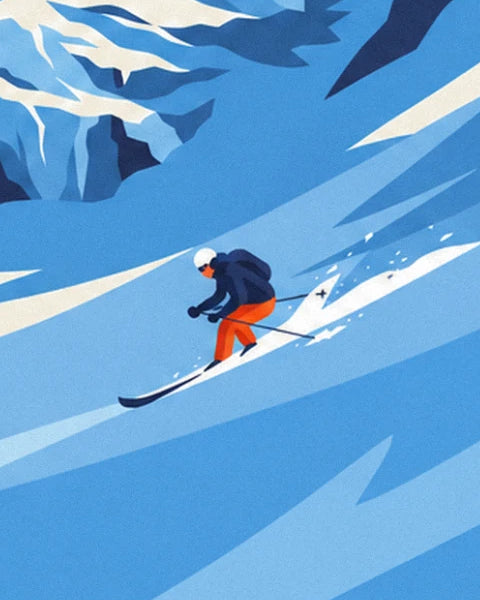 The skier in a white helmet and orange trousers racing down the slope, with powder in their wake