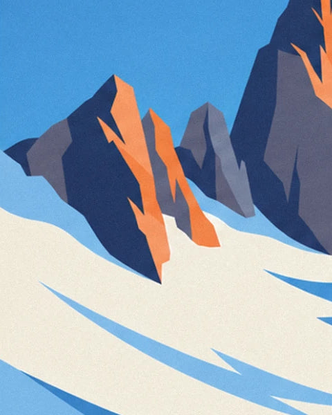 The orange and midnight blue rocky peaks rising from the cream snowfield