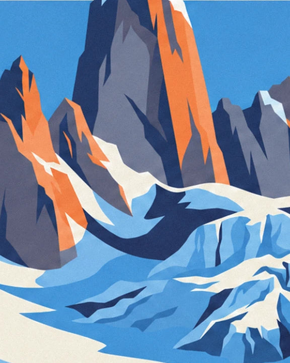 Orange and grey rock spires above the glacier's blue ice towers