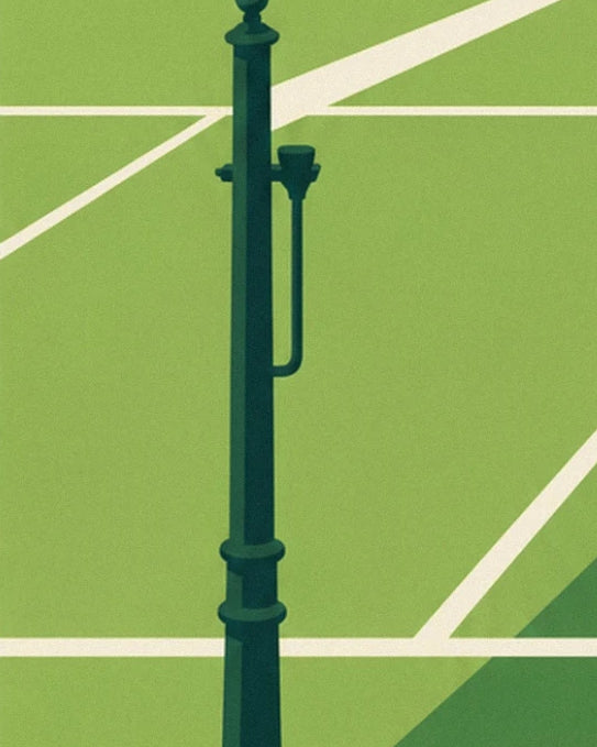The dark green post and its winding handle on grass marked with white lines