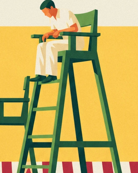 The umpire in white on his tall green chair, his head bent towards his knees